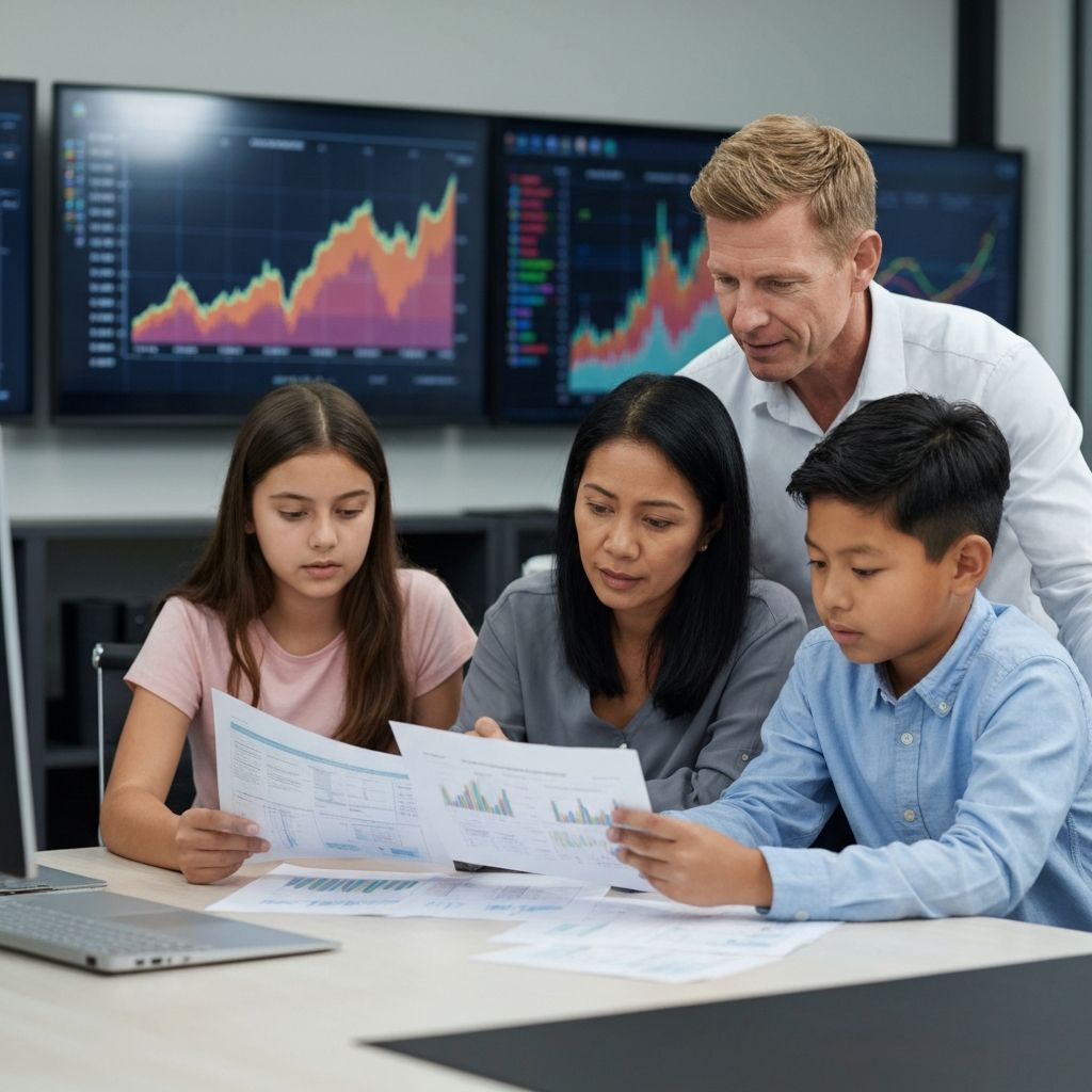 Familia de inversores de mediana edad revisando planes financieros en una oficina moderna con gráficos de mercado de materias primas en pantallas digitales, ambiente profesional y cálido