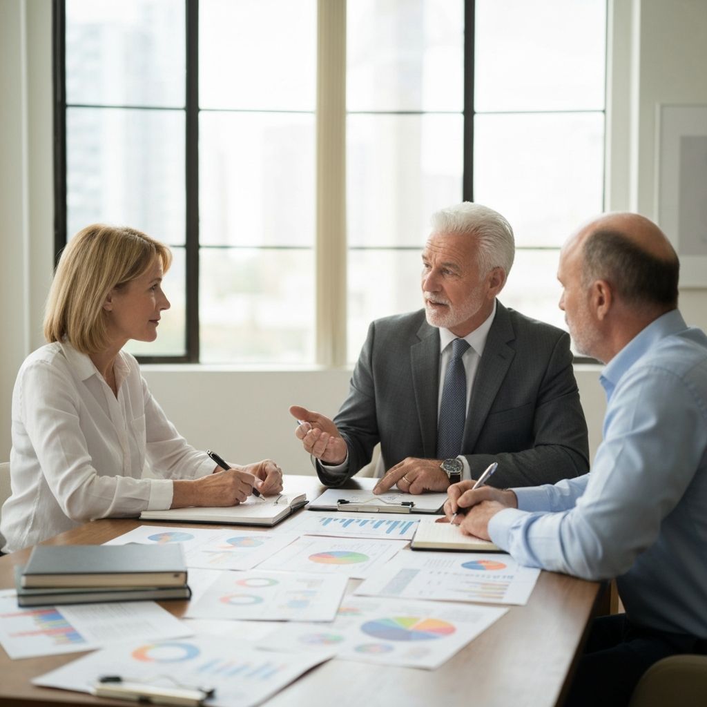 Asesor financiero maduro explicando estrategias de inversión a una pareja de mediana edad en una sala de reuniones elegante con gráficos de materias primas y planes de jubilación sobre la mesa