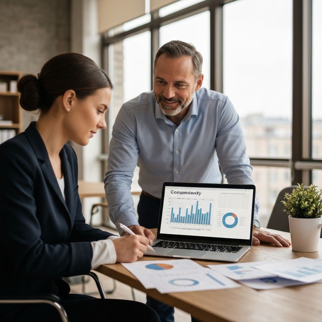 Consultor financiero analizando documentos financieros y gráficos con un cliente en una oficina moderna, con laptop mostrando datos de inversiones en materias primas